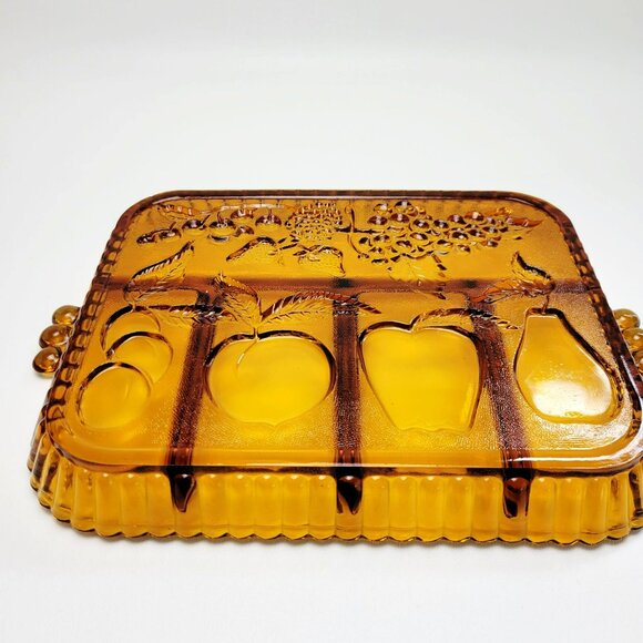 Vintage Indiana Glass Amber Divided Relish Serving Tray Fruits Apple Grapes USA - Picture 7 of 10
